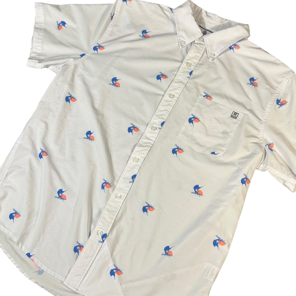 Huk Kona Button Down Shirt Mens Large White Sun Bill Print Short Sleeve Stretch